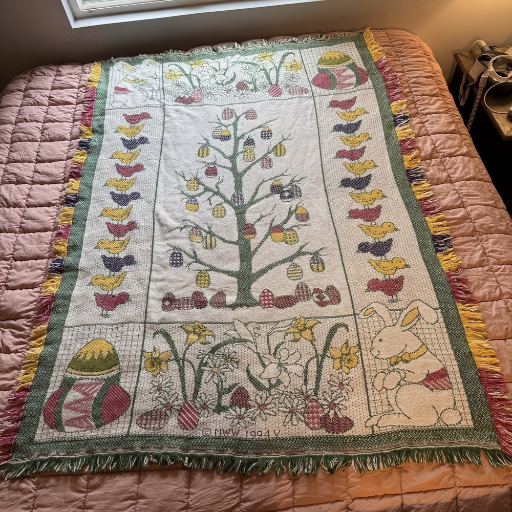 VTG 1994V MWW Bunny Rabbit Throw Blanket Tapestry 69x46 Easter Spring Tulip